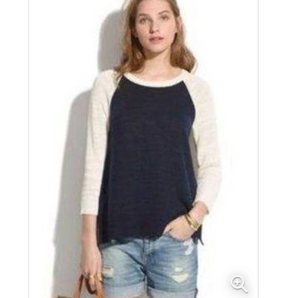 Madewell Ragland baseball Cream Navy Linen Cotton silk blend Knit Sweater